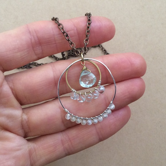 Handcrafted Sundance charm natural aquamarine lemon quartz brass necklace 30” - Picture 3 of 9